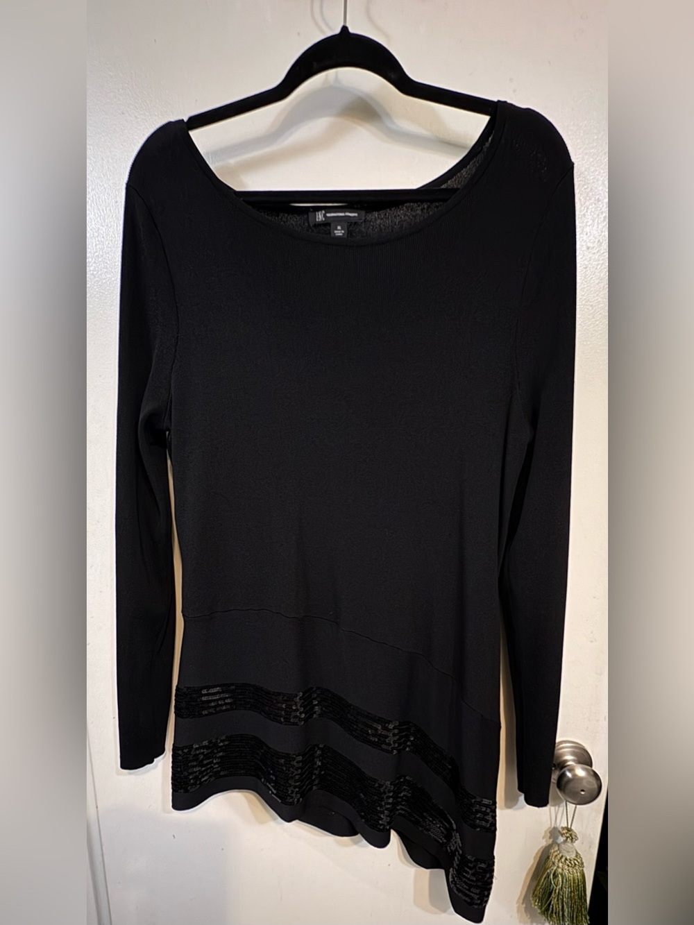 INC International Concepts Black Long-Sleeve Crewneck Top with Sequined Hem